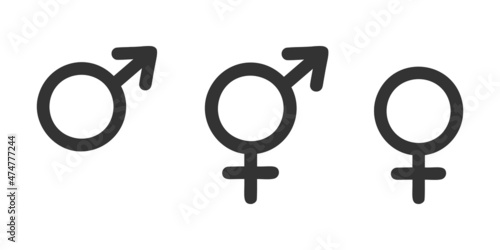 Male, female and transgender signs. Public restroom icons isolated on white background. Vector graphic pictograms.
