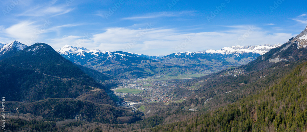 The panoramic view of the town of Passy in the Mont Blanc massif in Europe, France, the Alps, towards Chamonix, in spring, on a sunny day.