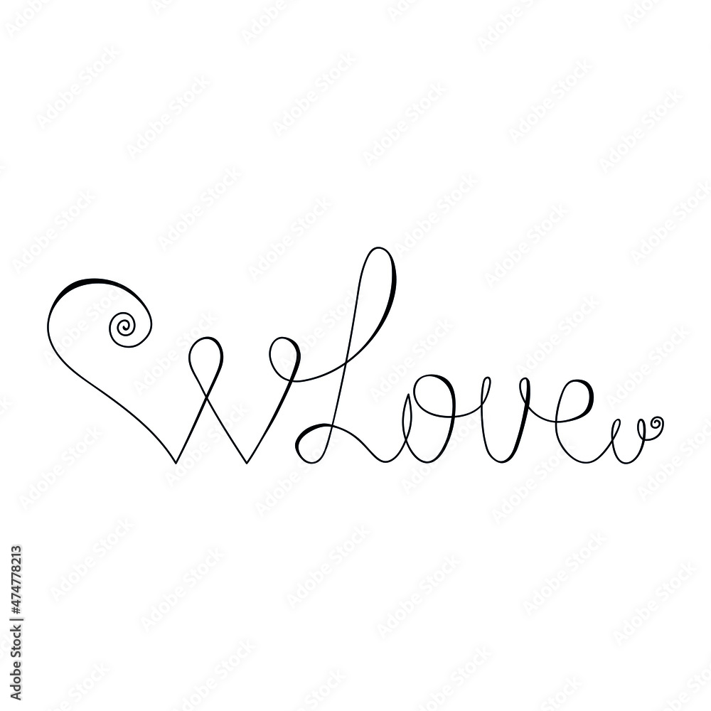 Love word with hearts drawn by one line. Romantic inscription. Scetch. Continuous line drawing phrase. For valentine's day, wedding. Vector illustration.