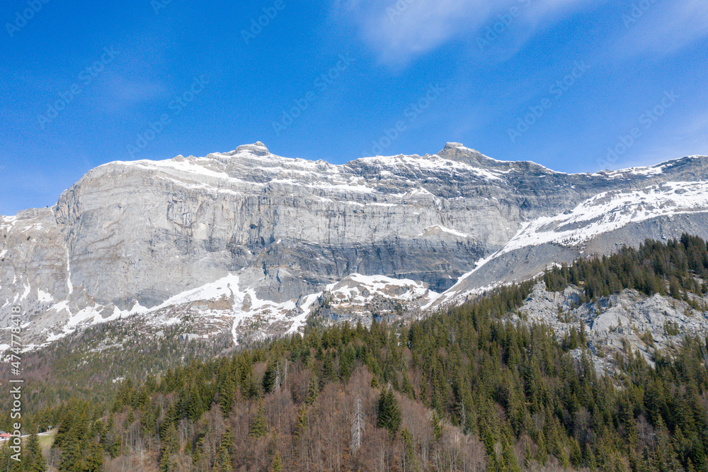 The panoramic view from Pointe de Plate in the Mont Blanc massif in Europe, France, the Alps, towards Chamonix, in spring, on a sunny day. The panoramic view from Pointe de Plate in the Mont Blanc massif in Europe, France, the Alps, towards Chamonix, in spring, on a sunny day.