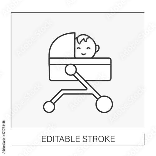  Stroller line icon. Newborn carriage and strollers with toddler inside. Baby products. Childhood concept. Isolated vector illustration. Editable stroke