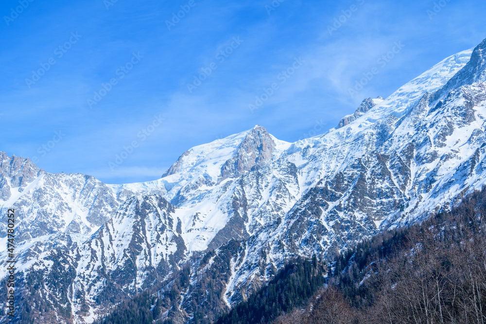 Mont Blanc du Tacul and its countryside in Europe, France, the Alps, towards Chamonix, in spring, on a sunny day.