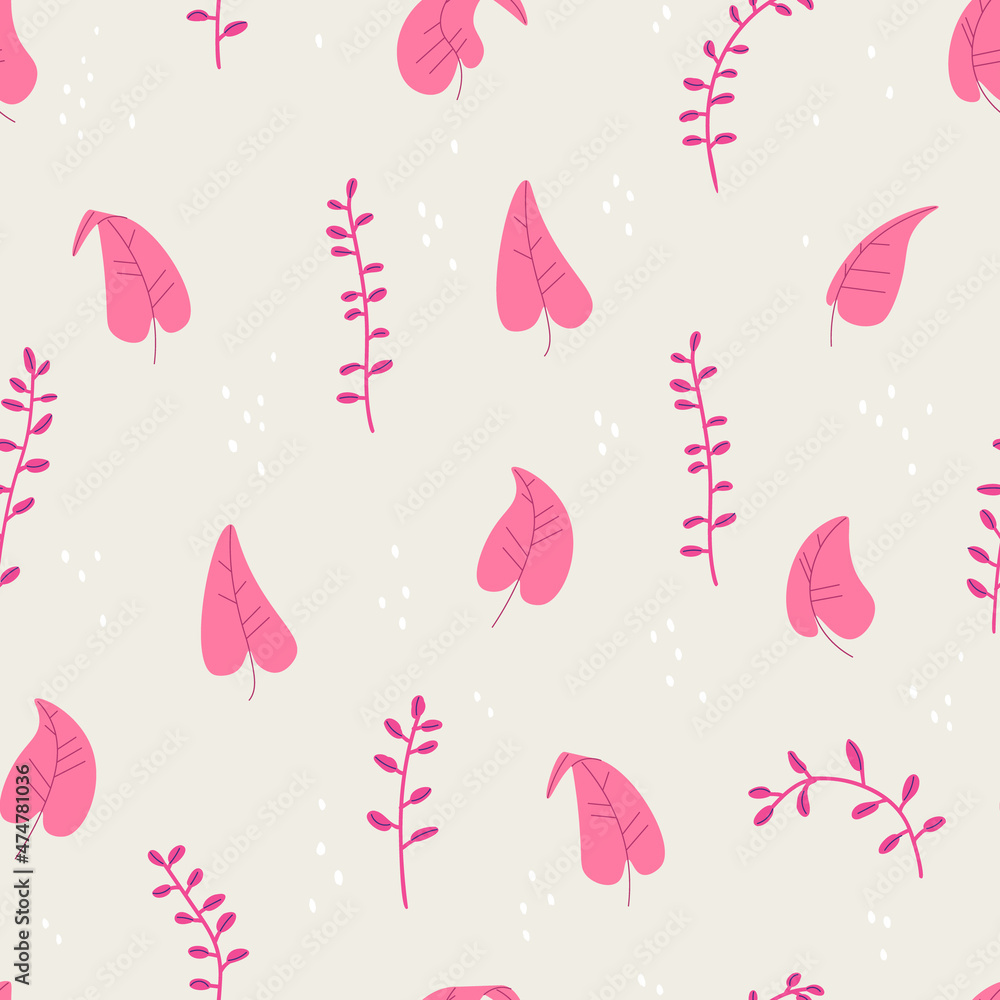 Vector botanical seamless pattern with decorative pink leaves and branches. Trandy design for print.