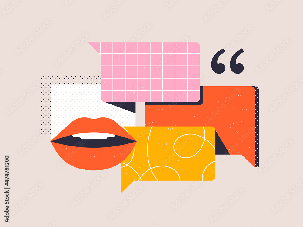 Speech, communication. Open mouth, conversation bubbles and quote symbols. Rhetoric, oratory, public speaking concept. Isolated abstract vector illustration - obrazy, fototapety, plakaty 