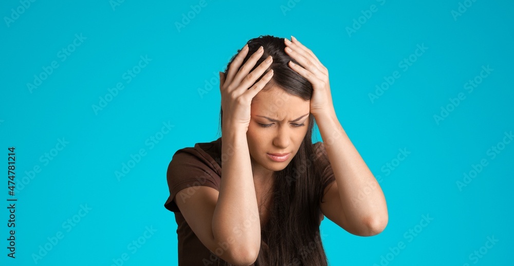 Distressed tired woman touch temples, suffer huge migraine need painkillers, painful headache, Distressed tired woman touch temples, suffer huge migraine need painkillers, painful headache,