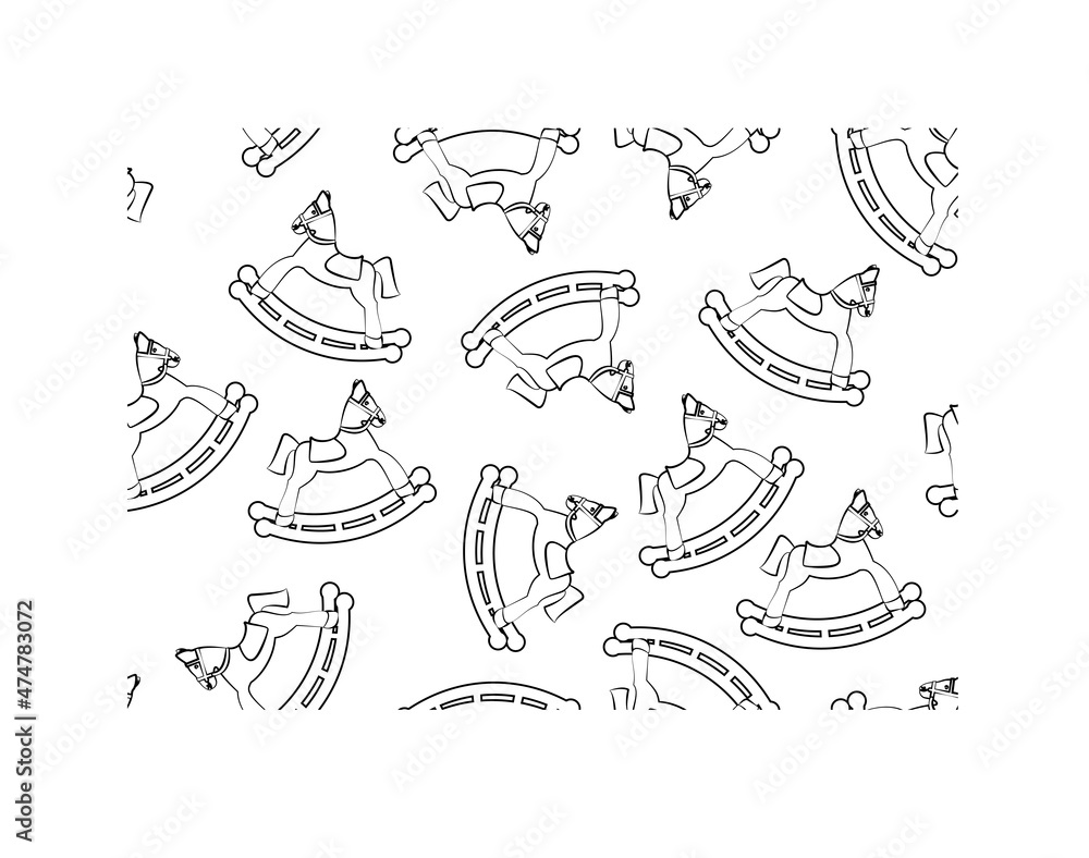 Patrón de caballos con balancín en trazo negro sobre fondo blanco