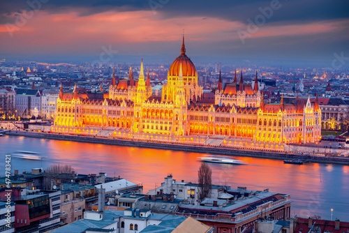 Budapest, Hungary. Danube River at night and Parliament