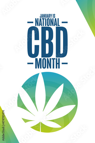 January is National CBD Month. Holiday concept. Template for background, banner, card, poster with text inscription. Vector EPS10 illustration.