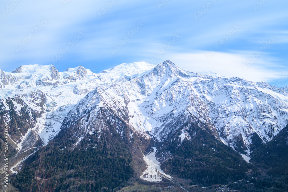 The mountains of the Mont Blanc massif in Europe, France, the Alps, towards Chamonix, in the spring, on a sunny day.