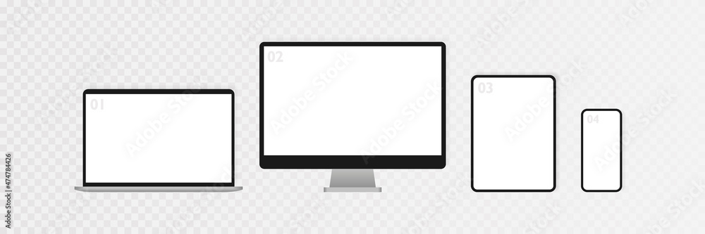 Electronic devices mockup set isolated on transparent background. Realistic computer, laptop, tablet and smartphone. Template for infographics or presentation UI design interface. Vector illustration