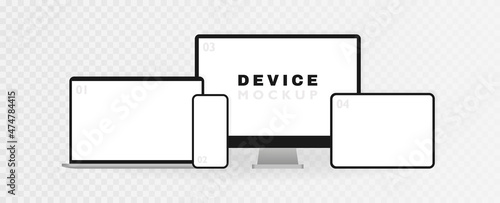 Electronic devices mockup set isolated on transparent background. Realistic computer, laptop, tablet and smartphone. Template for infographics or presentation UI design interface. Vector illustration