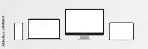 Electronic devices mockup set isolated on transparent background. Realistic computer, laptop, tablet and smartphone. Template for infographics or presentation UI design interface. Vector illustration