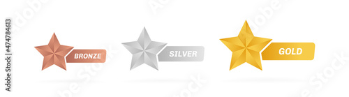 Gold silver and bronze star label. Customer product rating review. Modern vector illustration
