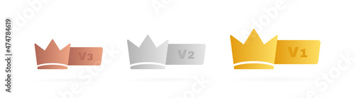 Set VIP badges in gold, silver and bronze color. Crown label with three vip level. Modern vector illustration