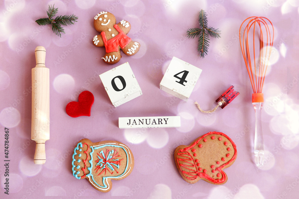 Calendar for January 4: name of the month in English, cubes with numbers 0 and 4, gingerbread men, mittens, fir branches, toy sledges, kitchen utensils, red heart on a pastel background, top view