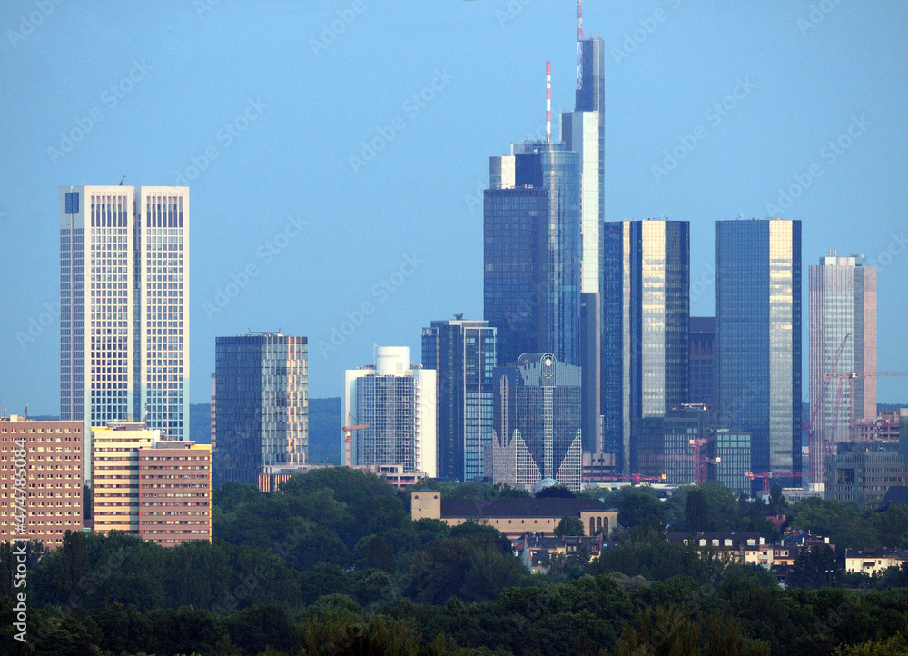Obraz premium View From The Taunus Hills To The Skyline Of The Banker's City Frankfurt Am Main In Hesse Germany On A Beautiful Spring Day With A Clear Blue Sky