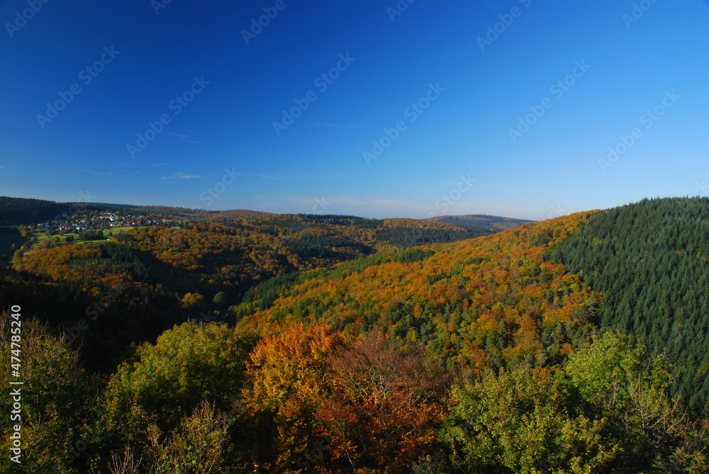 View From Fort Reifenberg To The Autumn Colors in Taunus Mountains Hesse Germany On A Beautiful Autumn Day With A Clear Blue Sky