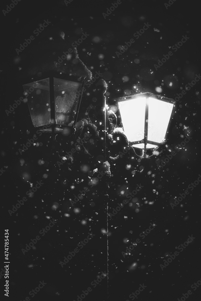 Chutes de neige de nuit à la lumière du réverbère