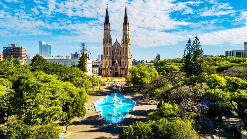 Naklejka premium Santa Cruz do Sul RS. Aerial view of the São João Batista cathedral and the central square of Santa Cruz do Sul