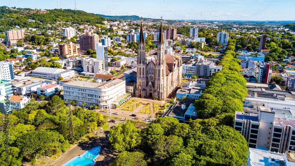 Santa Cruz do Sul RS. Aerial view of the São João Batista cathedral and the central square of Santa Cruz do Sul