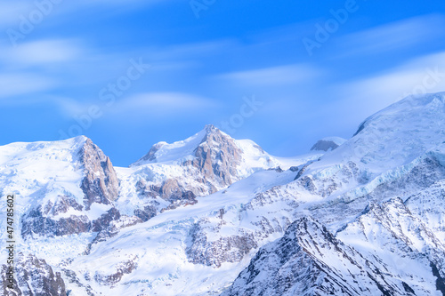 The panoramic view of Mont Maudit in the Mont Blanc massif in Europe, France, the Alps, towards Chamonix, in spring, on a sunny day.
