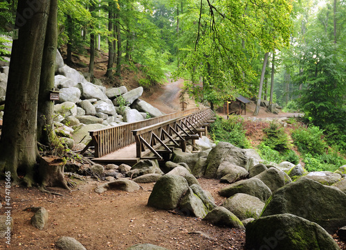 Wooden Footbridge Within Boulder Rocks At Felsenmeer In A Forest In Odenwald Hesse Germany On A Beautiful Day