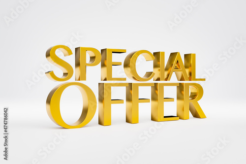 Special offer in gold shiny 3D capital letters. Sale activity for online shopping and retail stores. 3D illustration