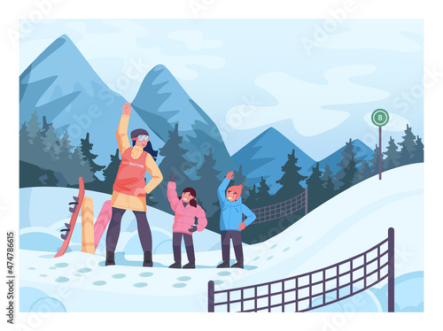 Ski resort instructor training kids to ride a snowboard. Children warming