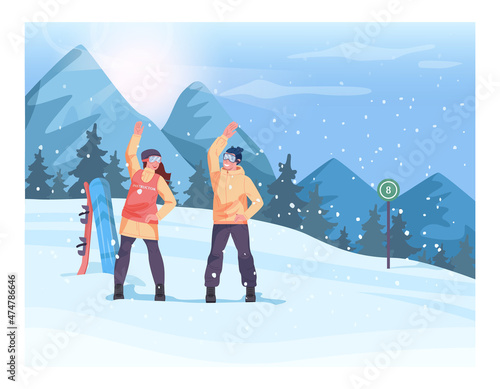 Ski resort instructor training people to ride a snowboard. Characters warming