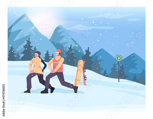 Ski resort instructor training people to ride a snowboard. Characters warming