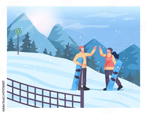 Ski resort instructor training people to ride a snowboard. Instructor giving