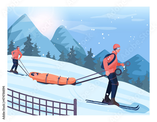Avalanche victim transportation. Ski resort rescuer team. Finding people
