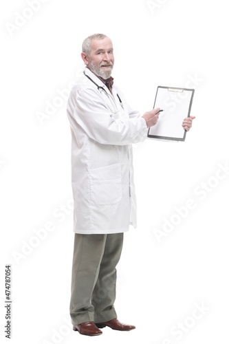 elderly competent doctor with clipboard. isolated on a white