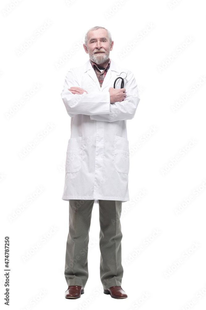 elderly competent doctor with a stethoscope in his hands.