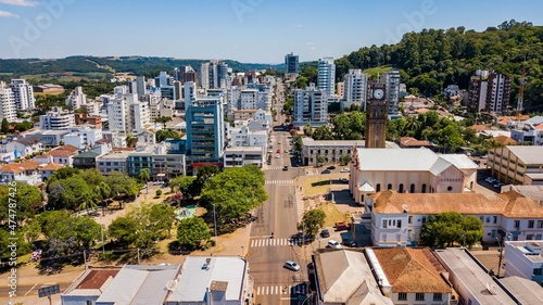 Marau RS. Aerial view of the parish church, central square and city center of Marau, state of Rio Grande do Sul