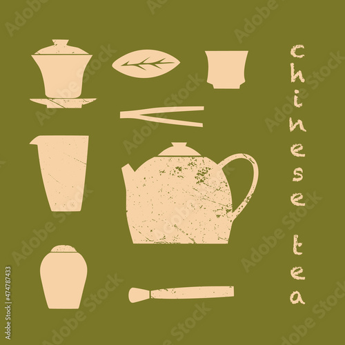 Set of vector images of Chinese dishes and items for tea drinking. Teapot, cups. Illustration, flat, grunge, vintage. Green and beige.