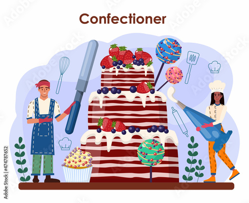 Confectioner. Professional confectioner chef maling sweets. Baker