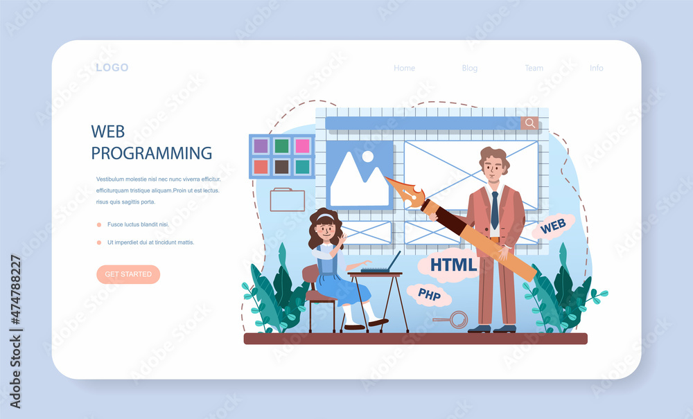 IT education web banner or landing page. Students learn programming IT education web banner or landing page. Students learn programming