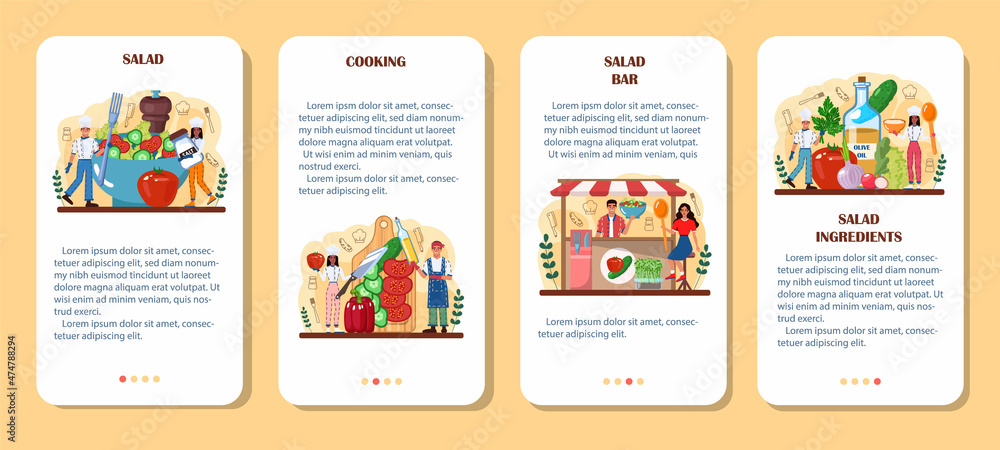 Fresh salad in a bowl mobile application banner set. Peopple cooking Fresh salad in a bowl mobile application banner set. Peopple cooking