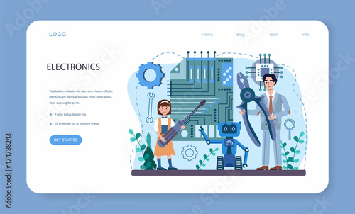 Robotics school subject web banner or landing page. Students learning