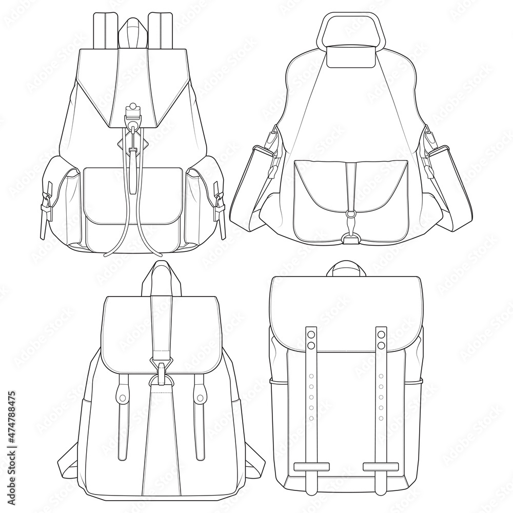 Set of backpack outline drawing vector, set of Backpack in a sketch ...