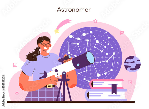 Astronomy and astronomer concept. Professional scientist looking through