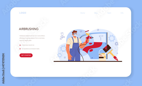 Car service web banner or landing page. Mechanic in uniform paint