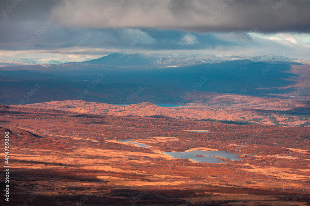 Landscape of Pieljekaise National Park in autumn with lakes and snowy mountains in Lapland in Sweden, colored plants, dramatic light and clouds in sky.