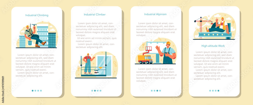 Industrial climbers mobile application banner set. Alpinist climb Industrial climbers mobile application banner set. Alpinist climb