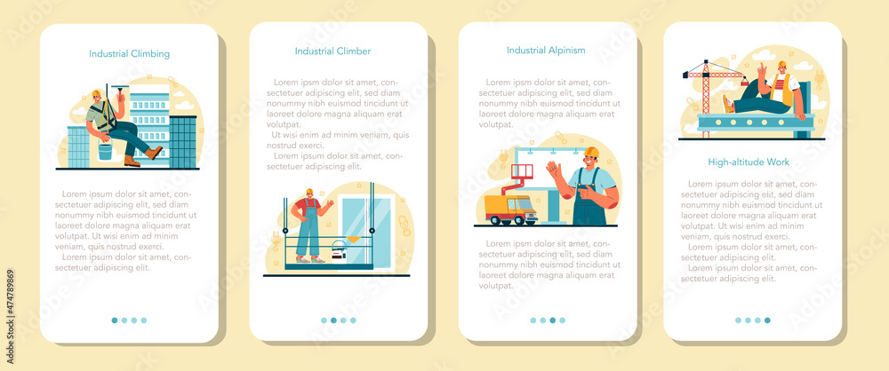 Industrial climbers mobile application banner set. Alpinist climb