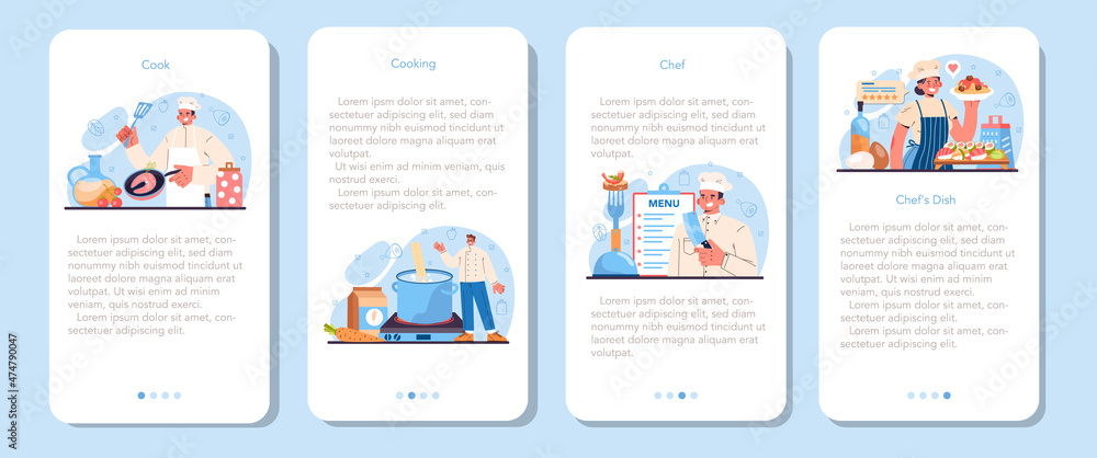 Chef mobile application banner set. Culinary specialist making