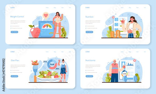 Nutritionist web banner or landing page set. Diet therapy with healthy food