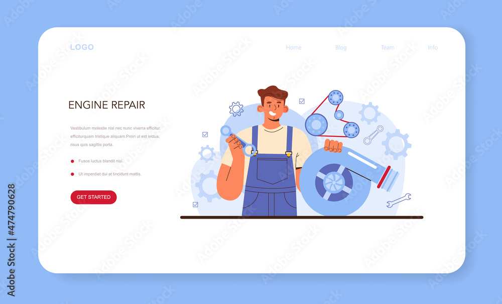 Car repair service web banner or landing page. Automobile engine got fixed