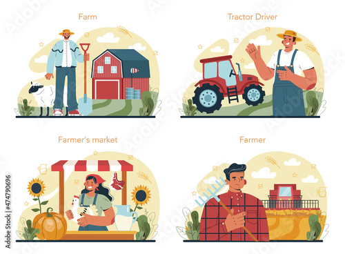 Farmer concept set. Farm worker growing plants and feeding animals.